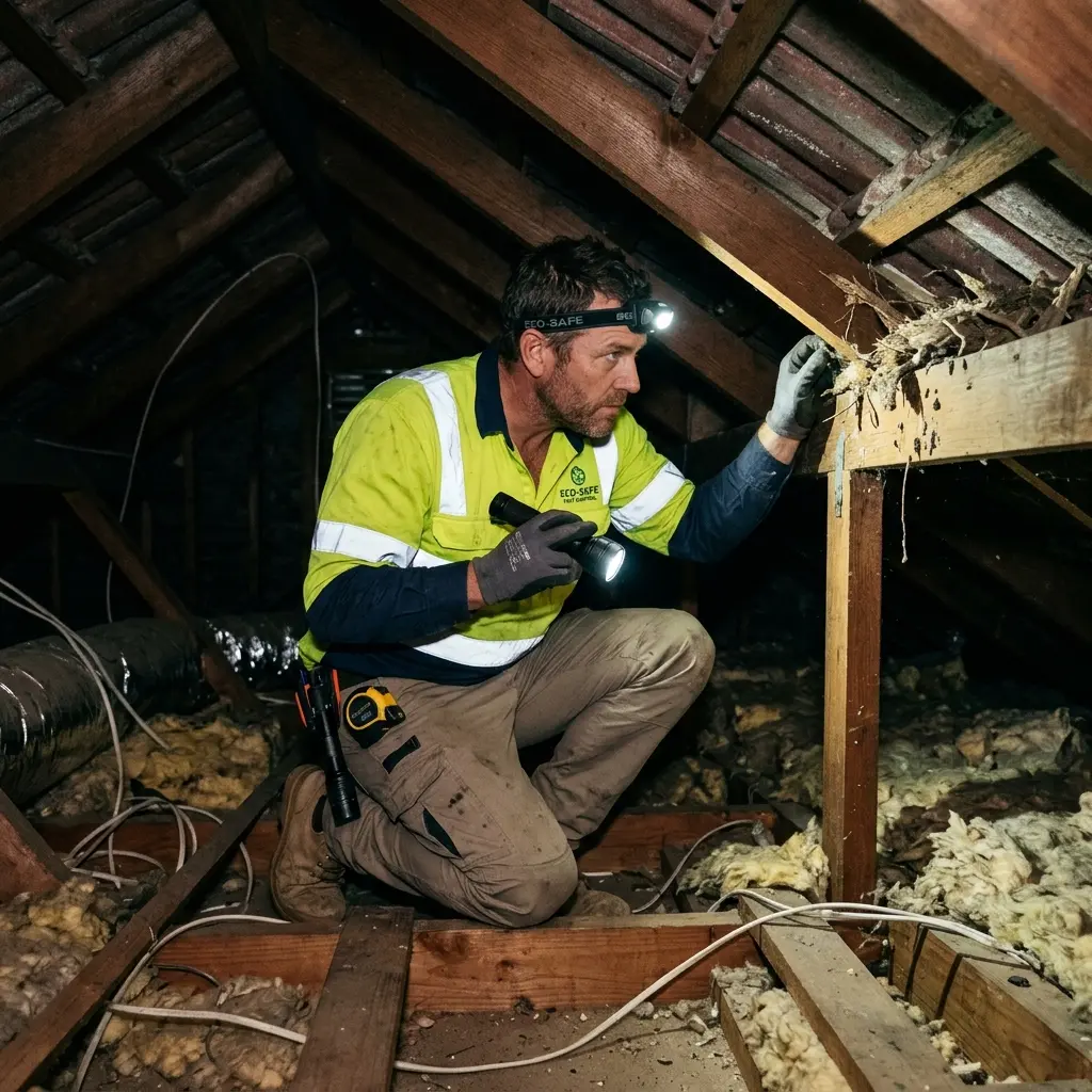 Technician inspecting a roof cavity for a dead animal in Dendy