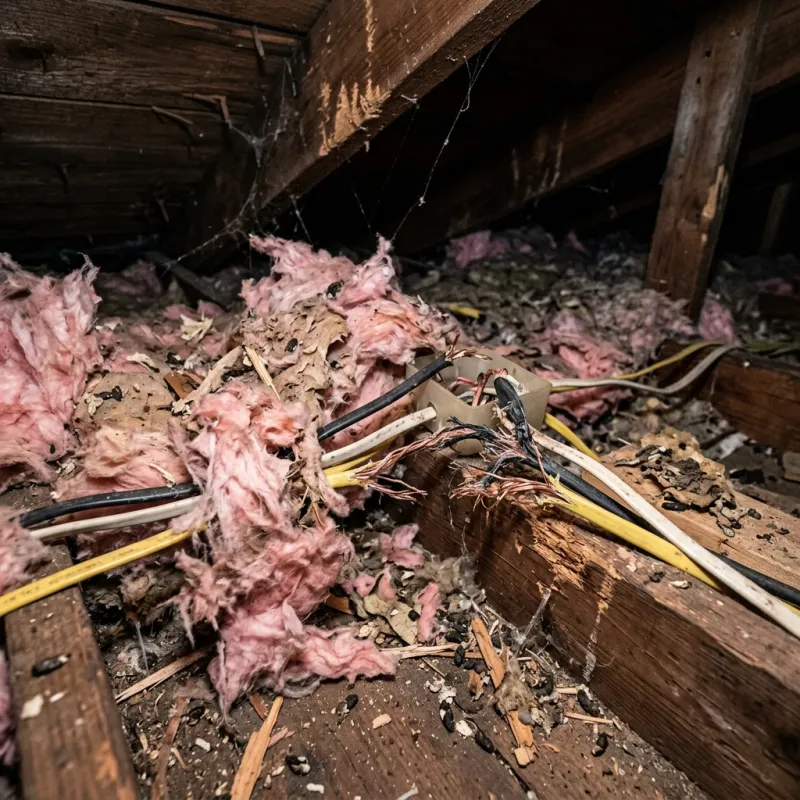 Contaminated ceiling insulation being assessed in a Dendy roof space