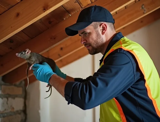 Technician inspecting a roof cavity for a dead rat in Dendy